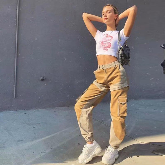 Pantalon cargo femme bicolore zippé