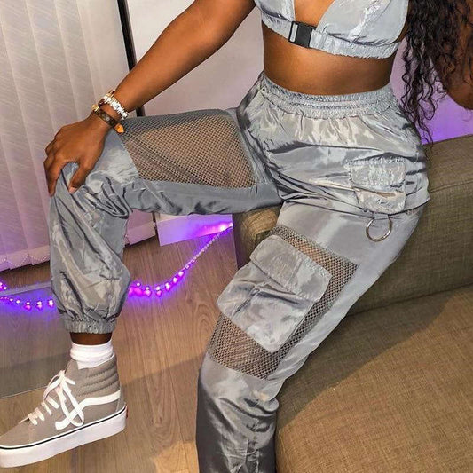 Pantalon cargo femme gris taille haute crayon