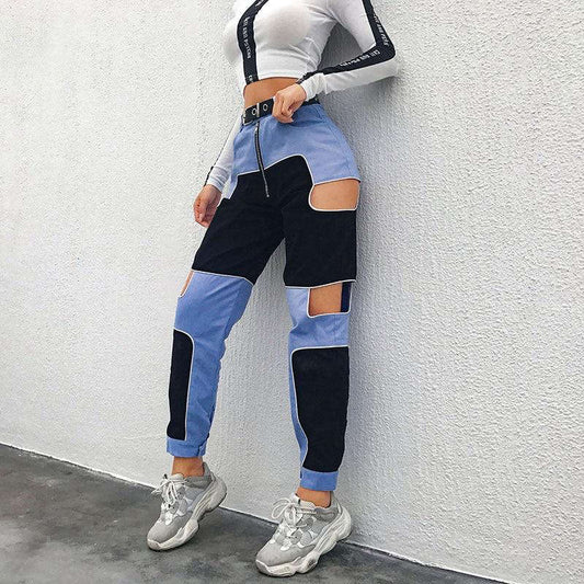 Pantalon cargo femme jean bleu à moitié destroy