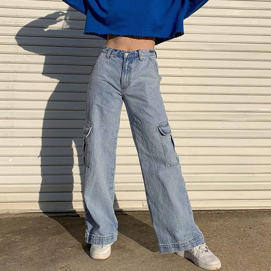 Pantalon cargo femme jean bleu délavé