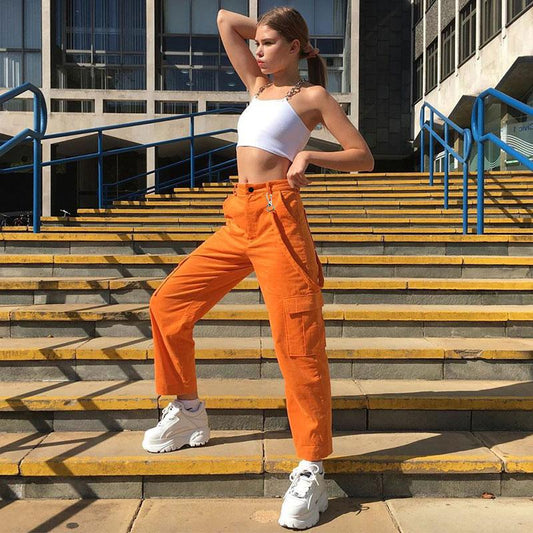 Pantalon cargo femme orange style utilitaire