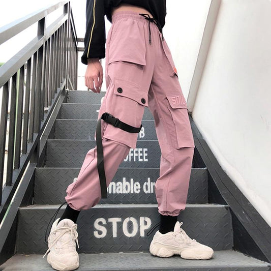 Pantalon cargo femme rose taille élastique avec sangle