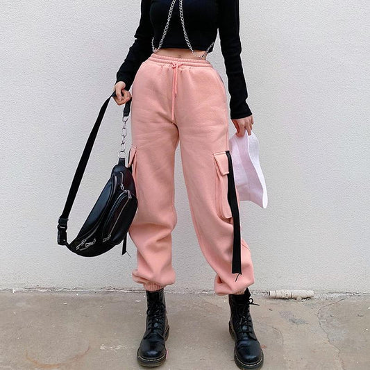 Pantalon cargo femme rose taille élastique