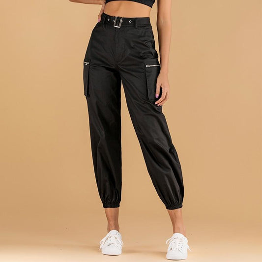 Pantalon cargo femme taille haute zippé