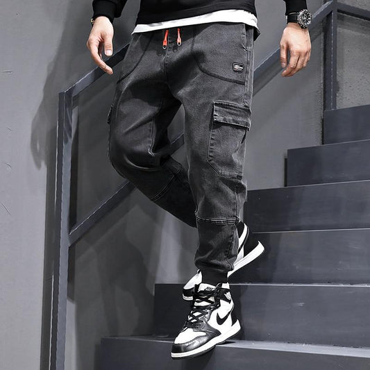 Pantalon cargo homme noir fuselé à cordons