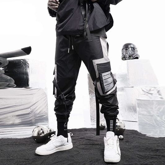 Pantalon cargo homme sport hip-hop uni poche noir et blanc